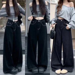 Quần Jean Nữ Xanh Than Đậm Chỉ Nổi Dáng Suông Ống Rộng 28CM Quần Bò Jean Mềm Chỉ Nổi Lưng Cao Ôm Eo Tôn Dáng