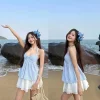 Set Đồ Nữ Đi Biển, Set Áo Kẻ Xanh Phối Chân Váy Trắng Thêu Hoa Viền Ren Sang Chảnh Cho Nàng Đi Chơi, Du Lịch Sang Chảnh